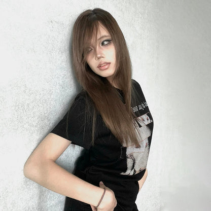 Chic Dollette Trashy Y2k Cat Print T-shirt Grunge Aesthetics Short Sleeve Black Tops Vintage Gothic Streetwear Punk American Retro 90s