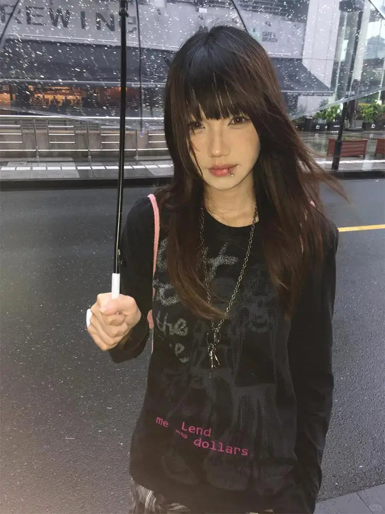 Chic Dollette Vintage T-Shirt Schwarz Langarm Print Grafik Top Amerikanisches Retro Grunge Top Japanische 2000er T-Shirts E-Girl