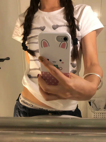 Tonngirl Y2k Print Button Graphic Tops Slim Short Sleeve T-shirt Women Japanese 2000s Vintage Tops American Retro Tee Tops White