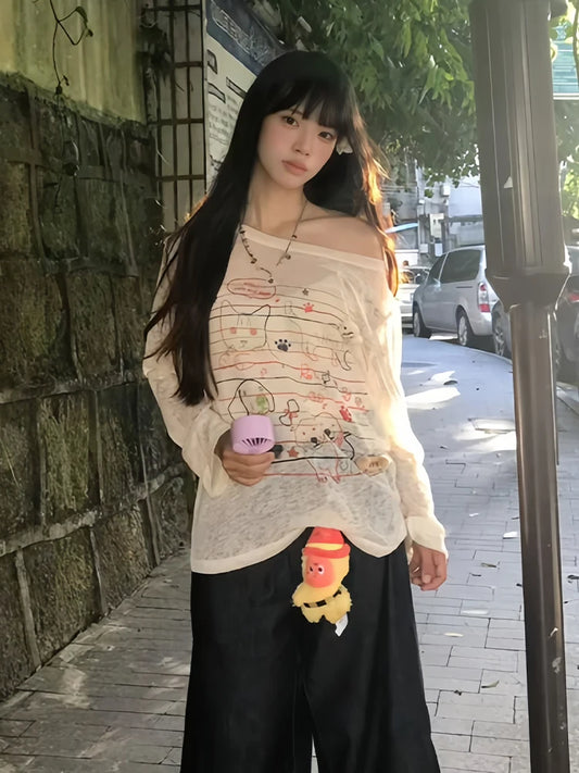 Chic Dollette T-shirts graphiques mignons Vêtements femme Manches longues Ample Années 2000 Vêtements Haut d'automne T-shirts Kawaii Vêtements femme Chic