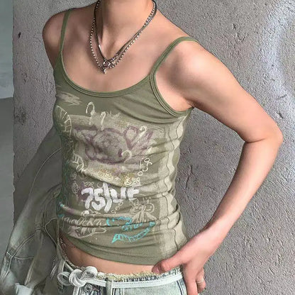 Schickes Dollette American Retro Print Grafik Camisole Sommer Top Ärmelloses Ärmelloses Tank Top Gothic Neckholder Top Crop Top Schick