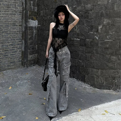 Chic Dollette Débardeur en dentelle noir sexy, haut d'été, T-shirt sans manches, vêtements années 2000, coupe ajustée, évidé, débardeurs gothiques, vêtements