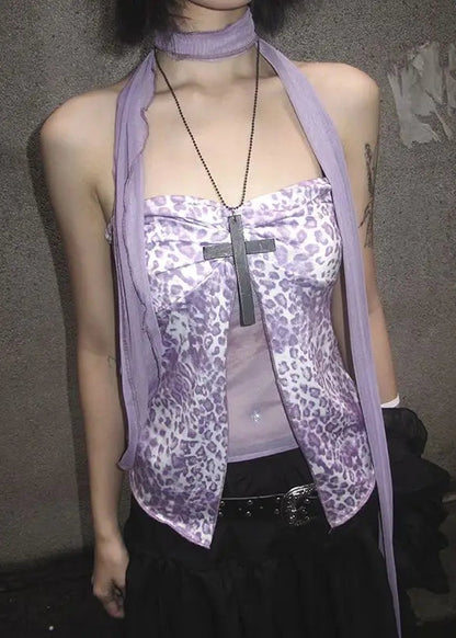 Chic Dollette Outfit Retro scharfes Mädchen lila Leopardenmuster trägerlose Weste Sommer neues schlankes Off-Shoulder-Top für Frauen