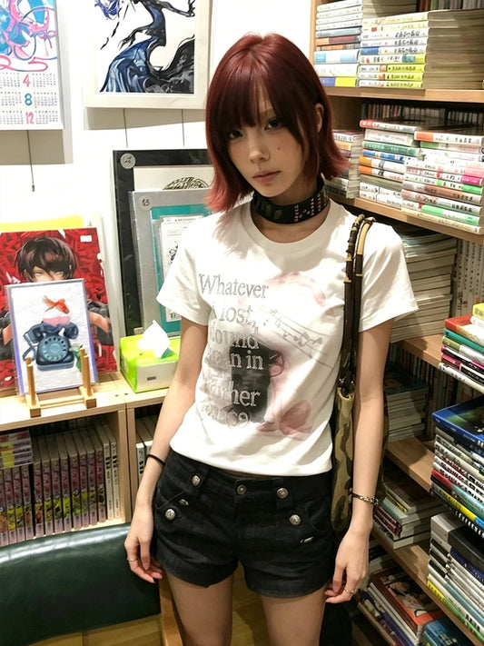 Chic Dollette Y2k Vintage Top Short Sleeve Aesthetic 2000s Rhinestone Print T-shirt Women American Retro Graphic Tees Streetwear