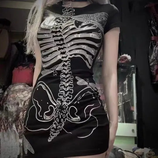 Robe courte Chic Dollette Harajuku Fashion imprimé libellule abstraite sombre os E-girl moulante gothique punk sexy streetwear