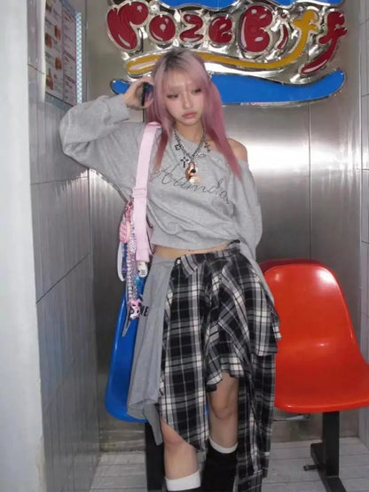 Sweat-shirts Chic Dollette Streetwear Femme Manches Longues Imprimé Mode Coréenne Pulls Épaules Dénudées Capuche Grunge Vêtements Années 2000
