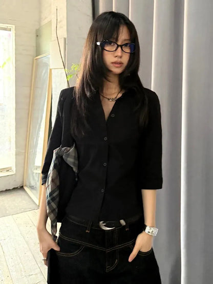 Chic Dollette Chemise Vintage Décontractée Manches Trois-quarts Noire Années 2000 Japonaise Haut Rétro Chemises Moulantes Blouse Top Streetwear