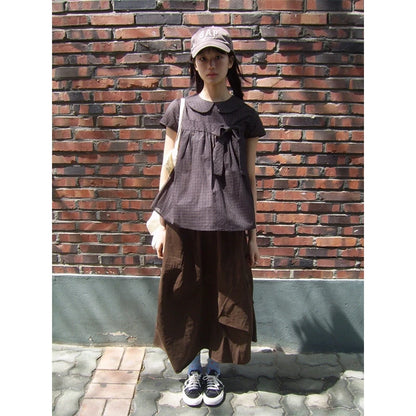 Chic Dollette Plaid Shirts Women Japanese Harajuku Bow Peter Pan Collar Blouses Summer Korean Aesthetic Short Sleeve Casual Tops New