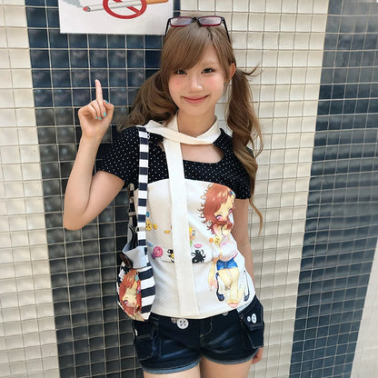 Chic Dollette Anime 2000s Short Sleeve Patchwork Top