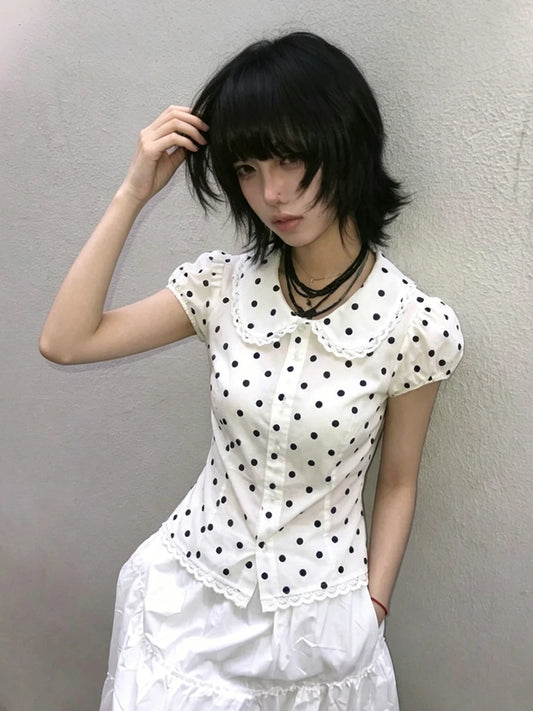 Chic Dollette Chemise japonaise Col Claudine Chemise et blouse années 2000 à pois Chemise blouse vintage Fairycore