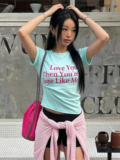 Chic Dollette American Retro Print Letter T-shirt Women Slim Short Sleeve Crop Tops Y2k Japanses Vintage Tops Streetwear Tshirts