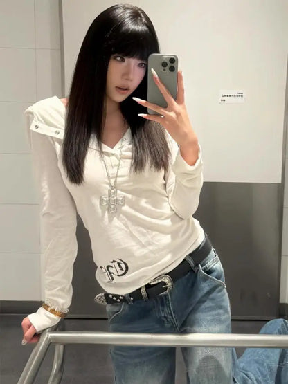 Chic Dollette Hotsweet Kapuzen-T-Shirts mit Grafikdruck, Knopfleiste, langen Ärmeln, 2000er-Kleidung, Sternchen-Print-Top, koreanische Mode, schicke T-Shirts