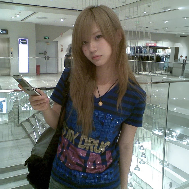 Chic Dollette Japanese Y2k Letter Print T-shirt Trashy 2000s Short Sleeve Striped Tops Vintage Harajuku V-neck T Shirt American Retro