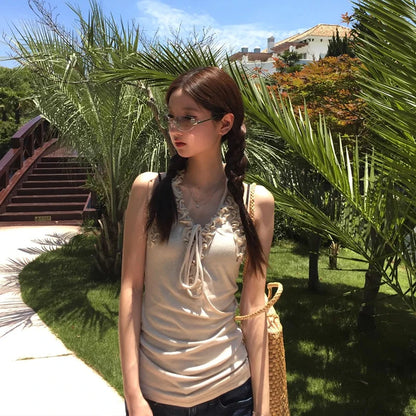 Chic Dollette Débardeur Japonais Sans Manches Col en V Crop Top Streetwear Rétro Américain Années 90 Camisole Dos Nu Été