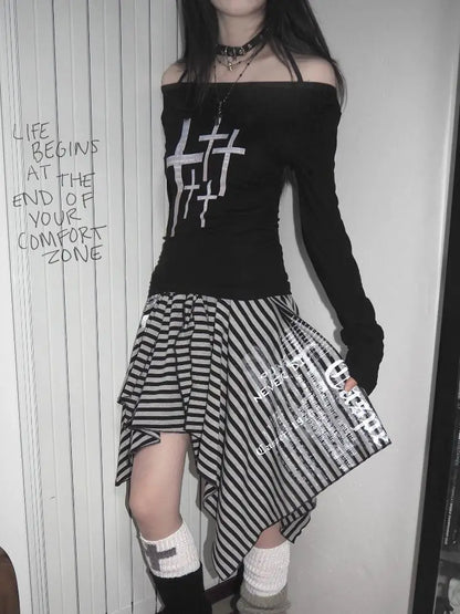 Jupe asymétrique rayée Chic Dollette Gothic deux usages pour femme, lacets, vintage, été 2025, taille haute, mini-jupe pour femme