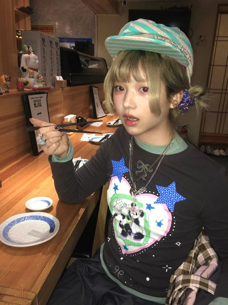Chic Dollette Harajuku Cartoon Printing T-shirts Streetwear Black Diamond Bow Y2k Aesthetic Fairy Tshirts Women Grunge Bottoming Tops