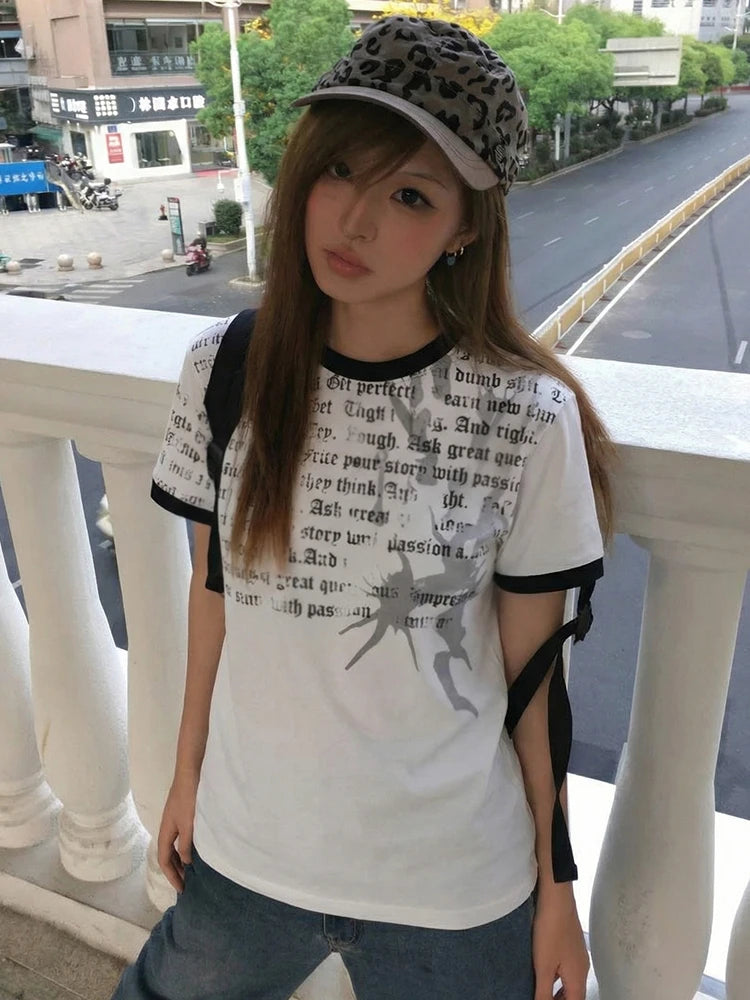 Chic Dollette American Retro  T-shirt Women Short Sleeve Print Graphic Tops Streetwear Y2k Aesthetic Vintage Tops Tee Japanese 2000s