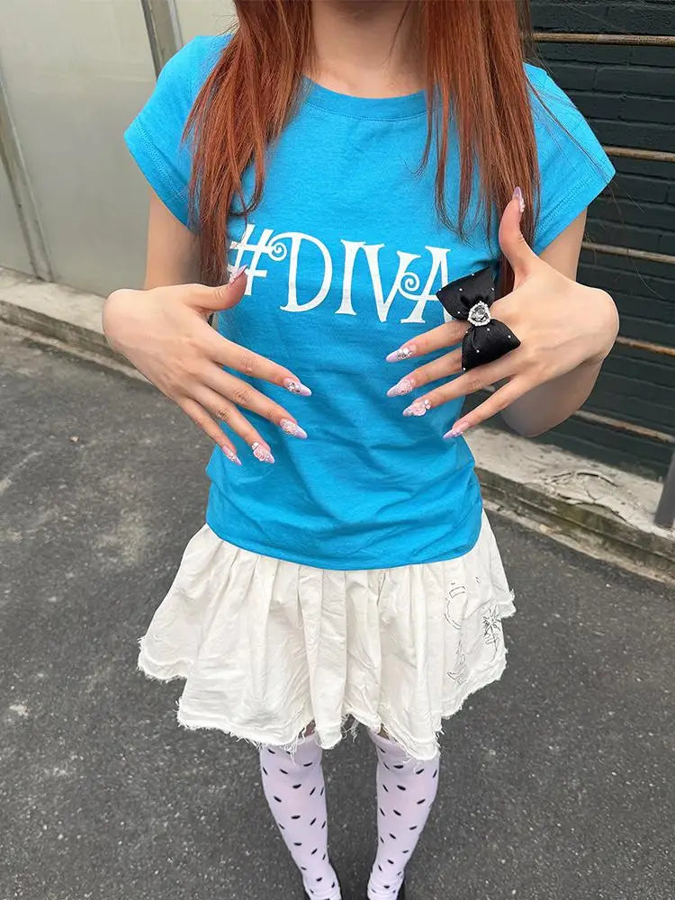 Chic Dollette Korean Style Print Letter T-shirt Women Slim Short Sleeve Tee Y2k Japanese Vintage Tops Streetwear Blue Tshirt E-girls