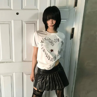 Chic Dollette Japanisches T-Shirt Kurzarm Print Grafik Top Weiß Grunge Top Streetwear Amerikanischer Retro 90er Jahre T-Shirts