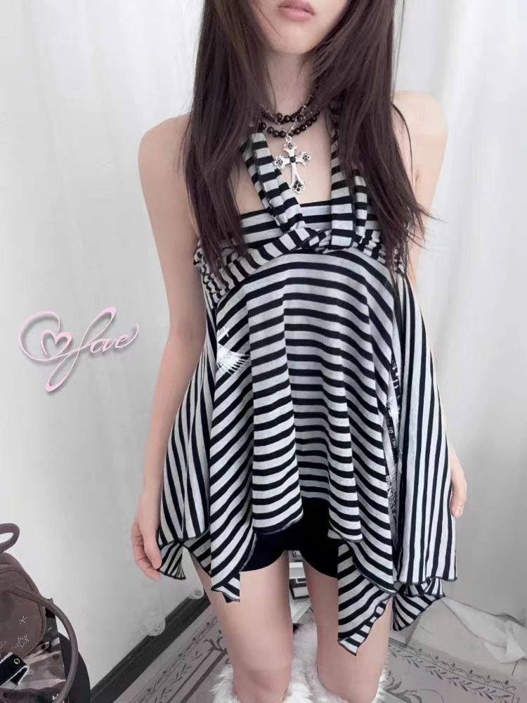 Jupe asymétrique rayée Chic Dollette Gothic deux usages pour femme, lacets, vintage, été 2025, taille haute, mini-jupe pour femme