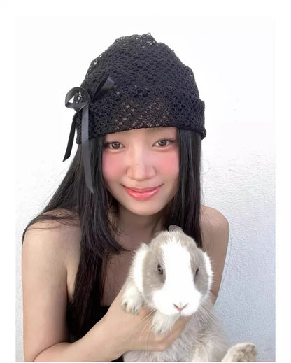 Chic Dollette Black Lace Knitted Bow Beanie