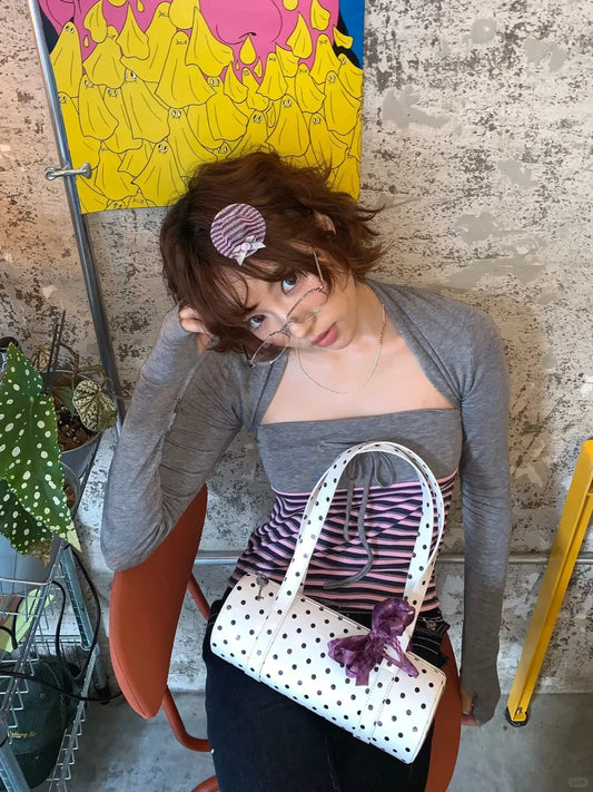 Chic Dollette   Japanese Two Pieces Top Autumn Striped Camis + Knit Smock Streetwear Vintage Crop Top Fairycore Tshirts