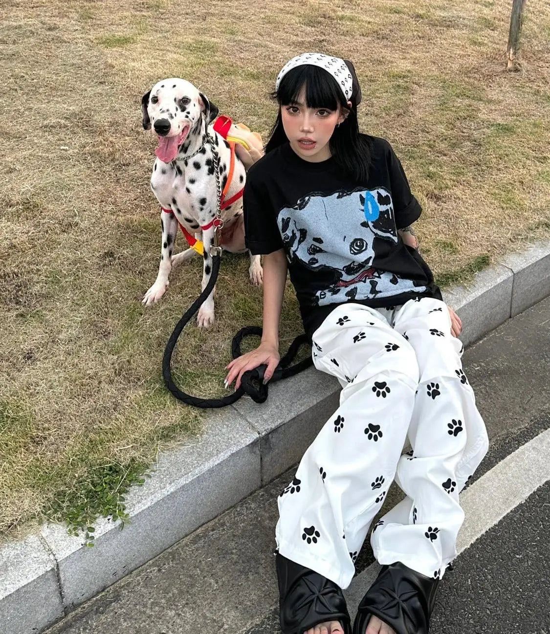 Chic Dollette Streetwear Lässiges Top Print Hunde T-Shirt Loose O-Ausschnitt Kurzarm-T-Shirt 2000er Kleidung Koreanische Mode Damenbekleidung