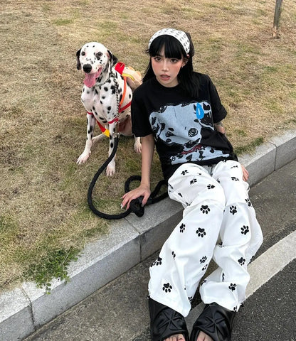 Chic Dollette Streetwear Lässiges Top Print Hunde T-Shirt Loose O-Ausschnitt Kurzarm-T-Shirt 2000er Kleidung Koreanische Mode Damenbekleidung