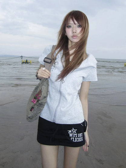 Chic Dollette Rabbit Kapuzen-Grafik-T-Shirts Kurzarm Reißverschluss 2000er Kleidung Japan Style Kawaii Damenbekleidung Chic T-Shirts