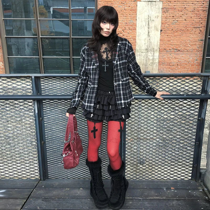 Chic Dollette Gothic T-Shirt mit Cut-Outs, Patchwork, Vintage-Cropped-Top, Streetwear, Amerikanisches Retro Grunge Top T-Shirt