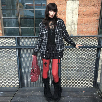 Chic Dollette Gothic T-Shirt mit Cut-Outs, Patchwork, Vintage-Cropped-Top, Streetwear, Amerikanisches Retro Grunge Top T-Shirt