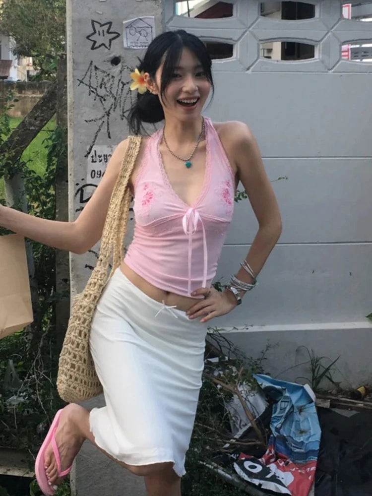 Chic Dollette  Fairycore Tank Tops Women Lace Print Graphic Tops Sleeveless Japanese 2000s Camis E-girls Streetwear Halter Tops