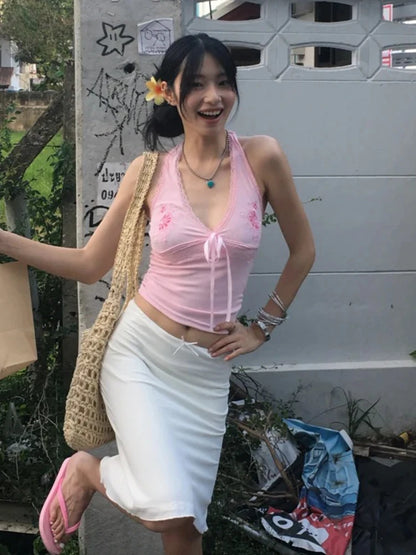 Chic Dollette  Fairycore Tank Tops Women Lace Print Graphic Tops Sleeveless Japanese 2000s Camis E-girls Streetwear Halter Tops