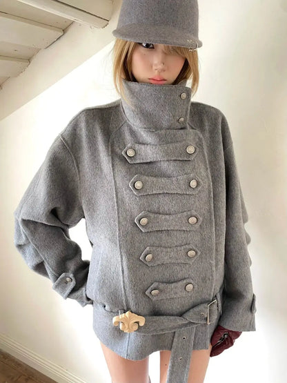 Chic Dollette Imitation Woolen Blend Coat Women's Double Breasted Retro Court Style Jacket Stand Collar Double Buttoned Winter Outerwear Warm