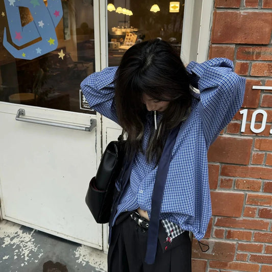 Chic Dollette Chemise Plaid Rétro Américaine Manches Longues Blouse et Chemise Décontractées Haut Gruneg Vintage Chemises Japonaises Années 2000