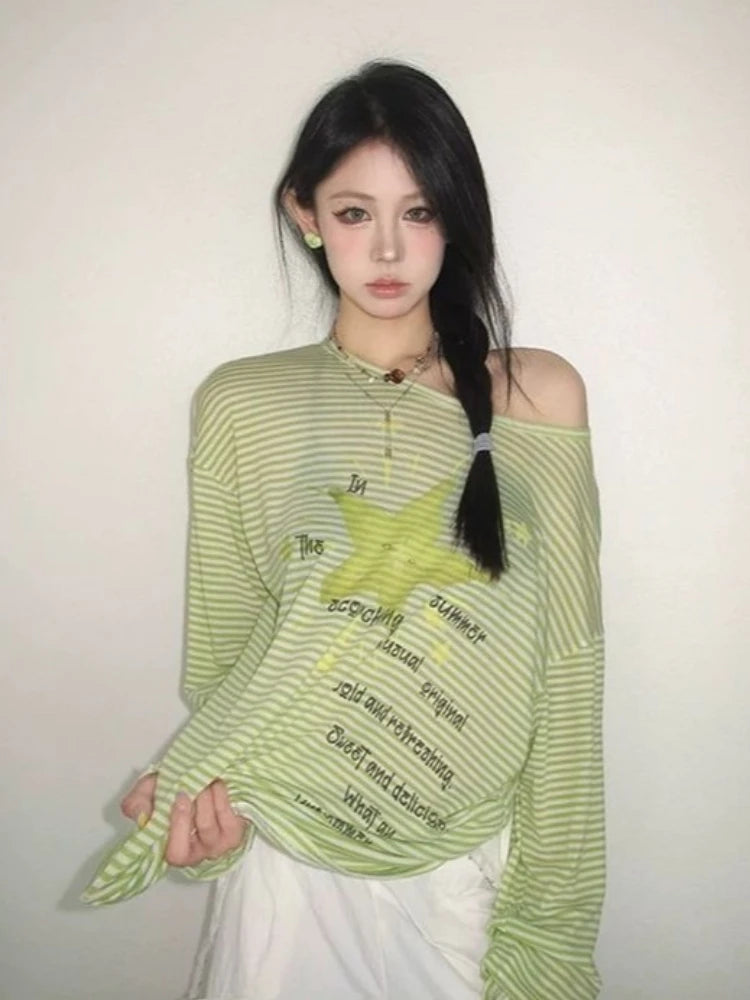 Chic Dollette Sun Protection Casual T-Shirts Women Striped Letter Printing Tshirt 2026 Summer Harajuku Grunge Oversized T-shirt