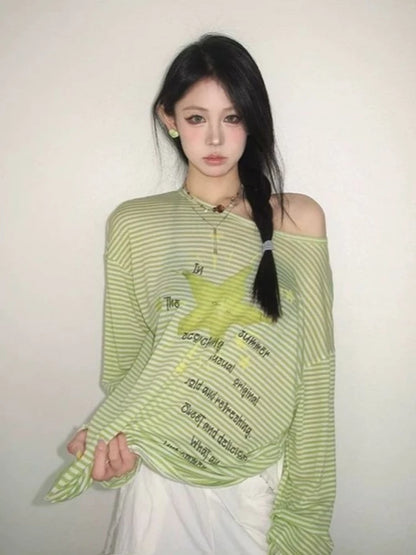 Chic Dollette Sun Protection Casual T-Shirts Women Striped Letter Printing Tshirt 2026 Summer Harajuku Grunge Oversized T-shirt