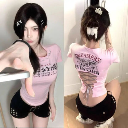 Chic Dollette Hotsweet Grafik T-Shirts Schnürung Hohl Kurzarm Rosa Slim Tees 2000er Jahre Kleidung Koreanische Mode Top