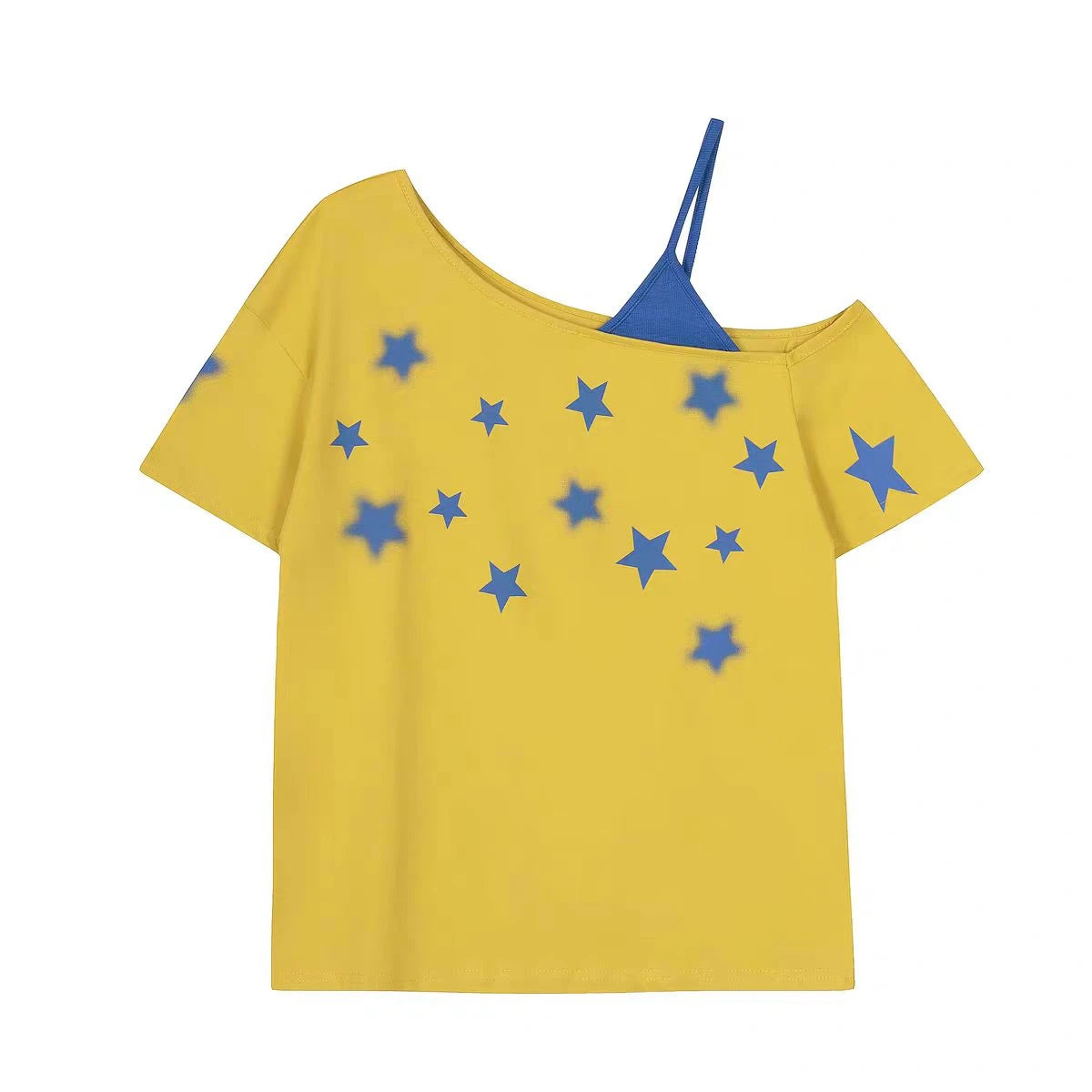 Chic Dollette Gelbes Patchwork Damen T-Shirt Kurzarm Sommer Oberteil Amerikanischer Retro Schräger Kragen Grafik-T-Shirt 2000er Kleidung