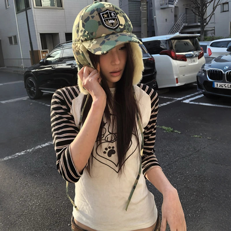 Chic Dollette Japanese Y2k Puppy Print T-shirt Vintage Harajuku Three Quarter Sleeve Tshirt Trashy 2000s Patchwork Tops American Retro