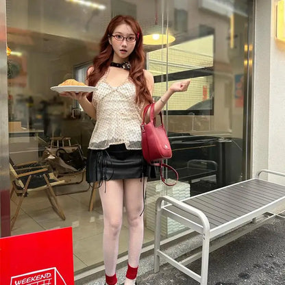 Schickes Dollette Vintage Tanktop gepunktet ärmelloses Tanktop Retro Crop Top Streetwear 2000er koreanischer Stil Sommer Mesh Top