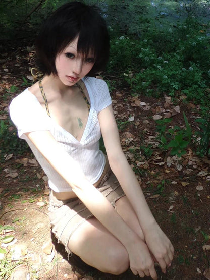 Chic Dollette Japonais Deux Pièces Top Manches Courtes T-shirt Transparent + Leopard Bar Streetwear Sexy Tee Top Années 2000