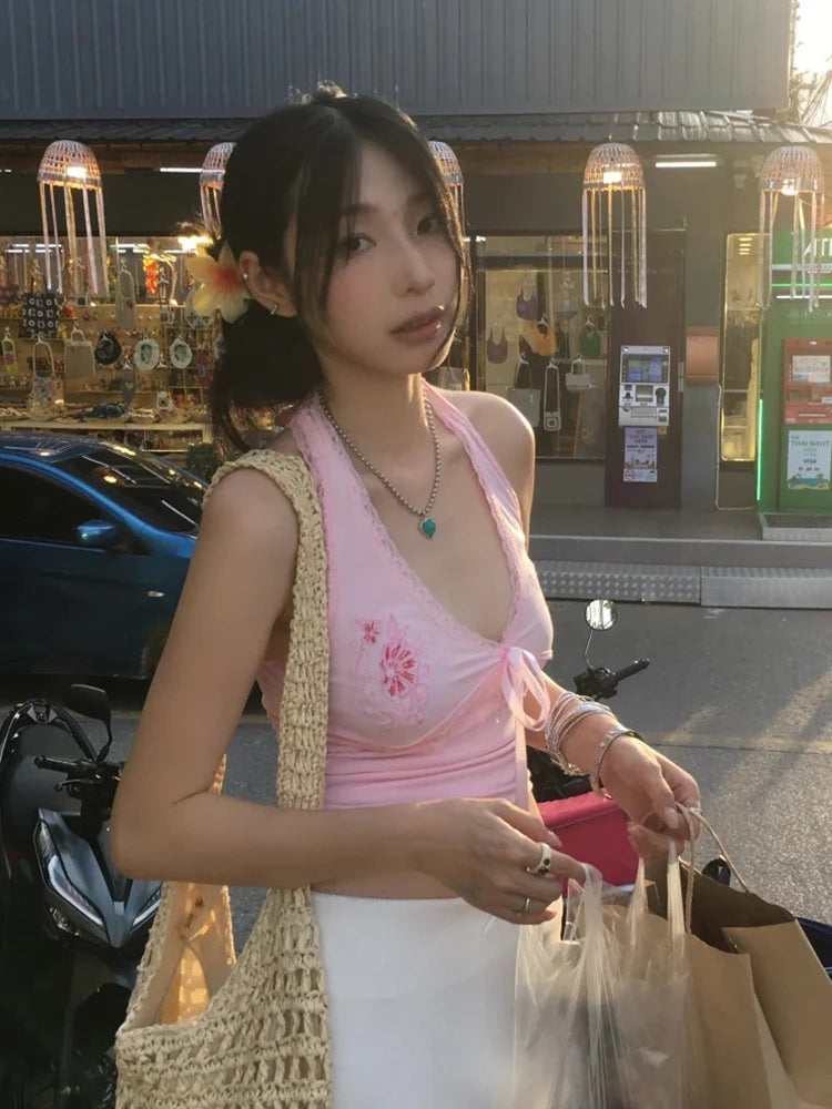 Chic Dollette  Fairycore Tank Tops Women Lace Print Graphic Tops Sleeveless Japanese 2000s Camis E-girls Streetwear Halter Tops