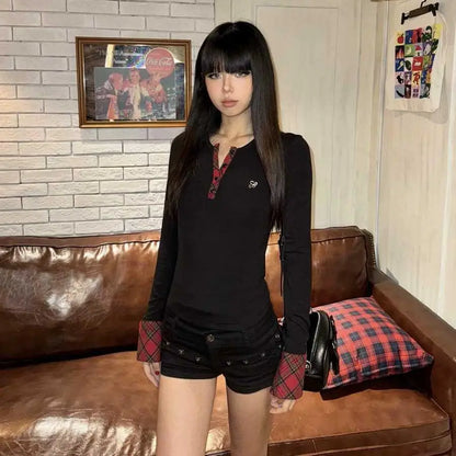 Chic Dollette Vintage T-Shirt Patchwork Langarm Skinny Karo Grunge Top Streetwear Amerikanisch Retro 90er T-Shirts Herbst