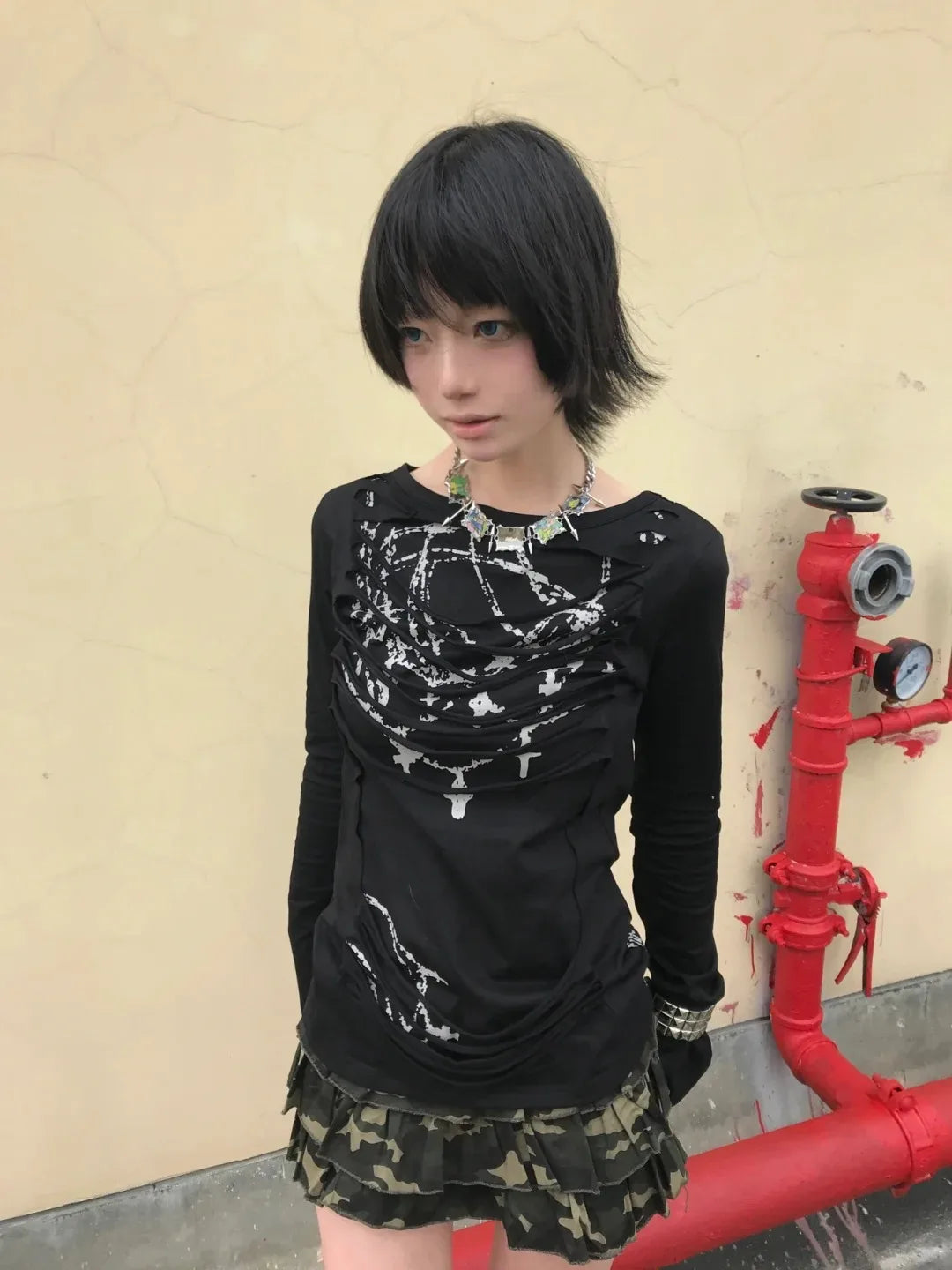 Schickes Dollette Gothic Vintage T-Shirt Langarm Broken Print Grafik Top Japanisches 2000er Grunge Top Streetwear Tee Top