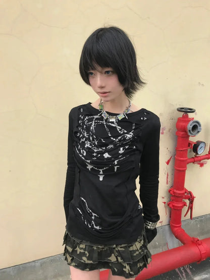 Schickes Dollette Gothic Vintage T-Shirt Langarm Broken Print Grafik Top Japanisches 2000er Grunge Top Streetwear Tee Top