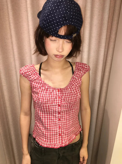 Chic Dollette Japanese Plaid Shirt Women Short Sleeve Slim Blouse And Shirt American Retro 90s Crop Tops Streetwear Vintage Tops