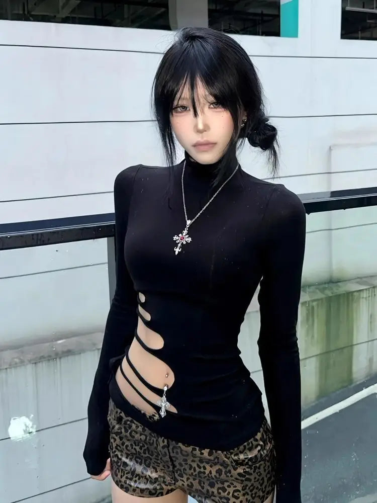 T-shirt Chic Dollette Hotsweet avec découpes, coupe ajustée, manches longues, vêtements des années 2000, mode coréenne, vêtements pour femmes, col roulé, haut chic