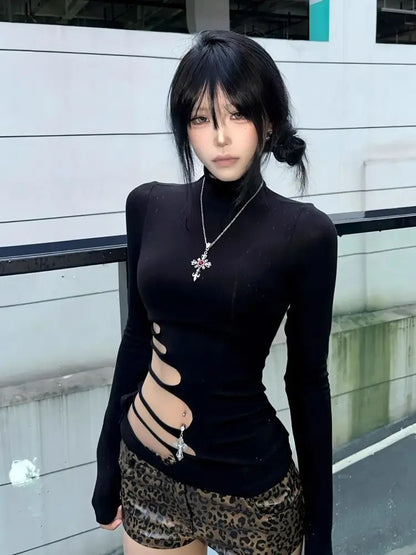 T-shirt Chic Dollette Hotsweet avec découpes, coupe ajustée, manches longues, vêtements des années 2000, mode coréenne, vêtements pour femmes, col roulé, haut chic