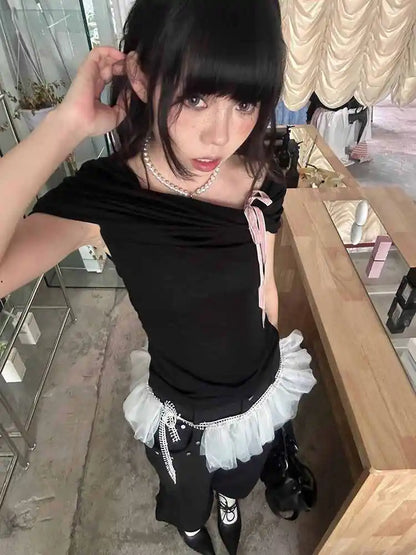 T-shirt Chic Dollette Hotsweet pour femme, haut décontracté, gothique, à manches courtes, style années 2000, mode coréenne, t-shirts, haut d'été pour femme